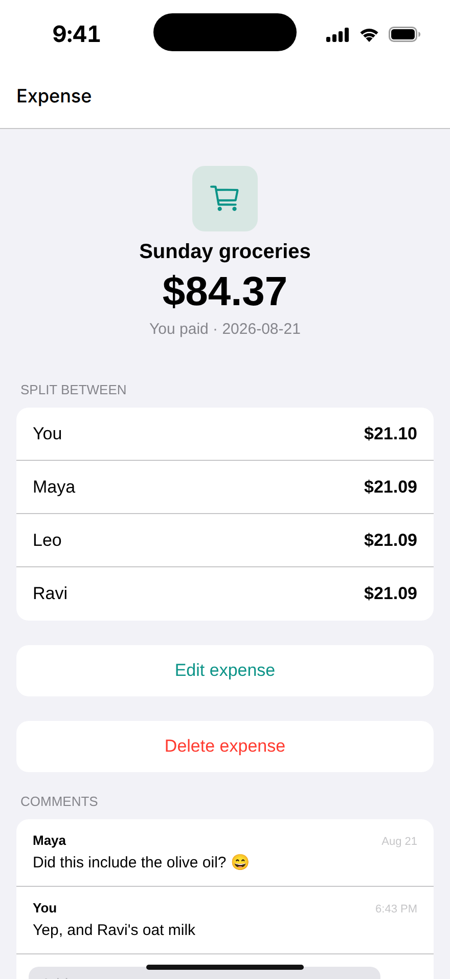An expense in Dutched: the split, comments, and history