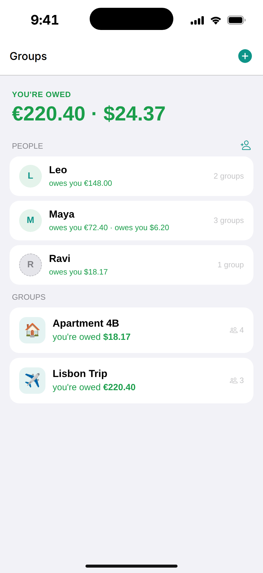 Dutched home screen: your total balance, people, and groups
